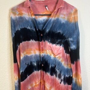 YFB Womens Sheer Tye-Dye Button Down Top Size Small Festival Summer Bright Girly